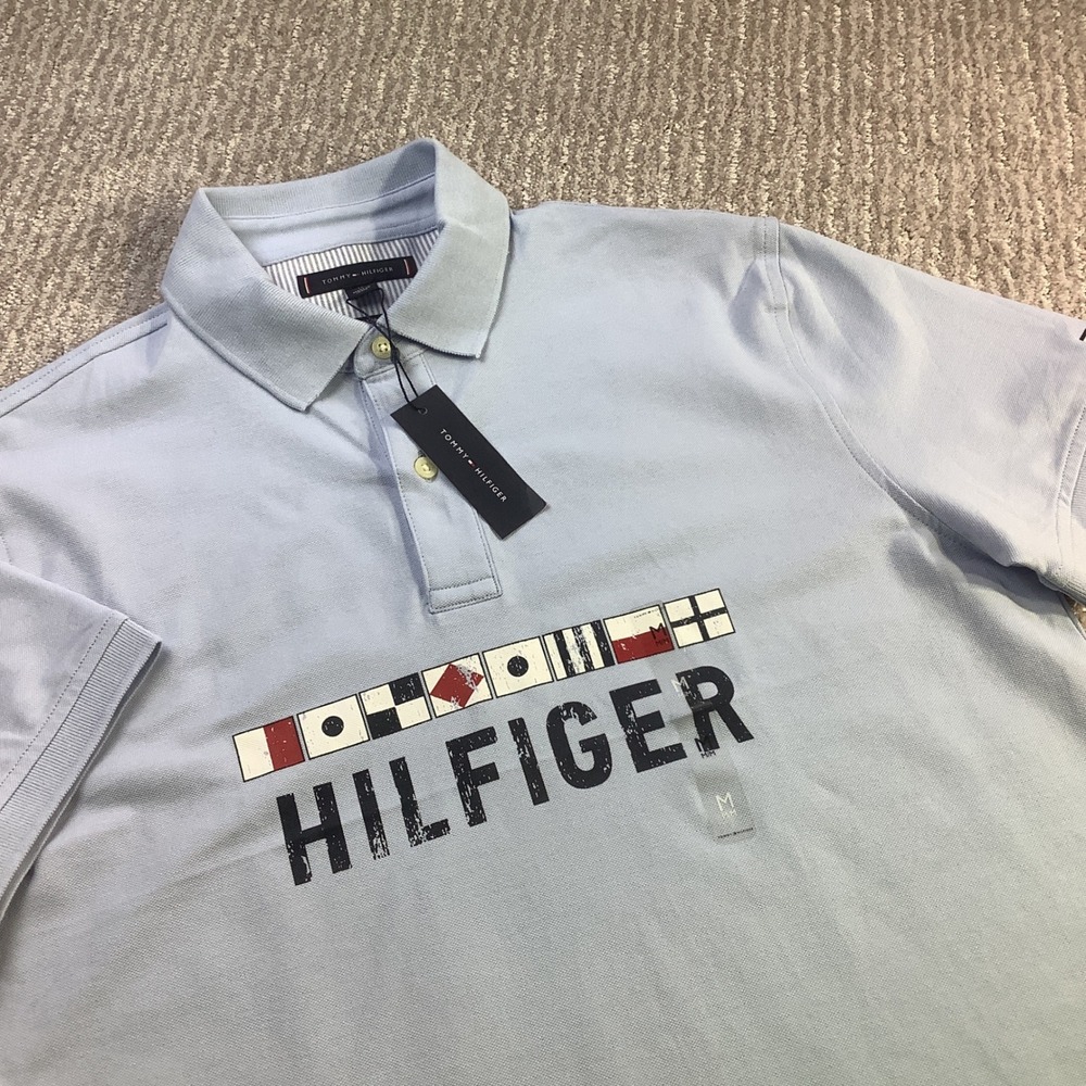 Tommy Hilfiger Light Blue Nautical Graphic Polo‎ Shirt Regular Fit Size M NWT